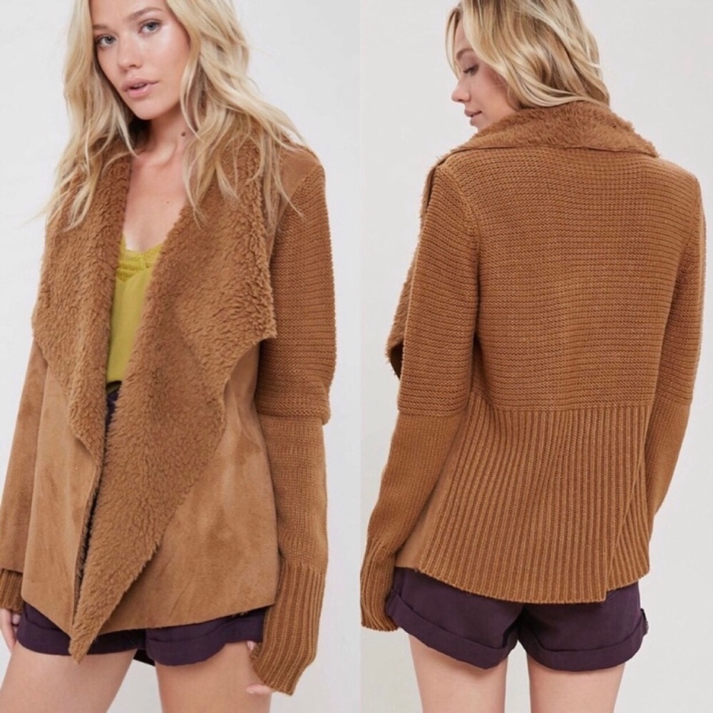 LAST! Suede and Sherpa Open Cardigan-CAMEL - Picture 3 of 5